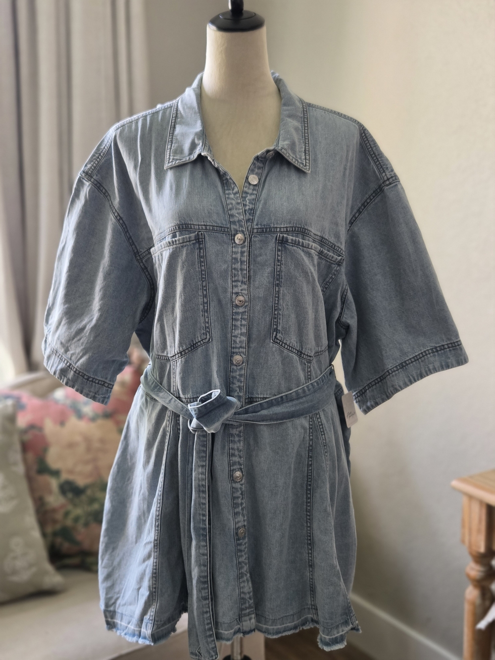 Free People Light Blue Denim Tie-Waist Mini Dress